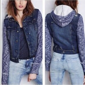 Free People Distressed Jean Jacket Knit Sleeve Hooded Small